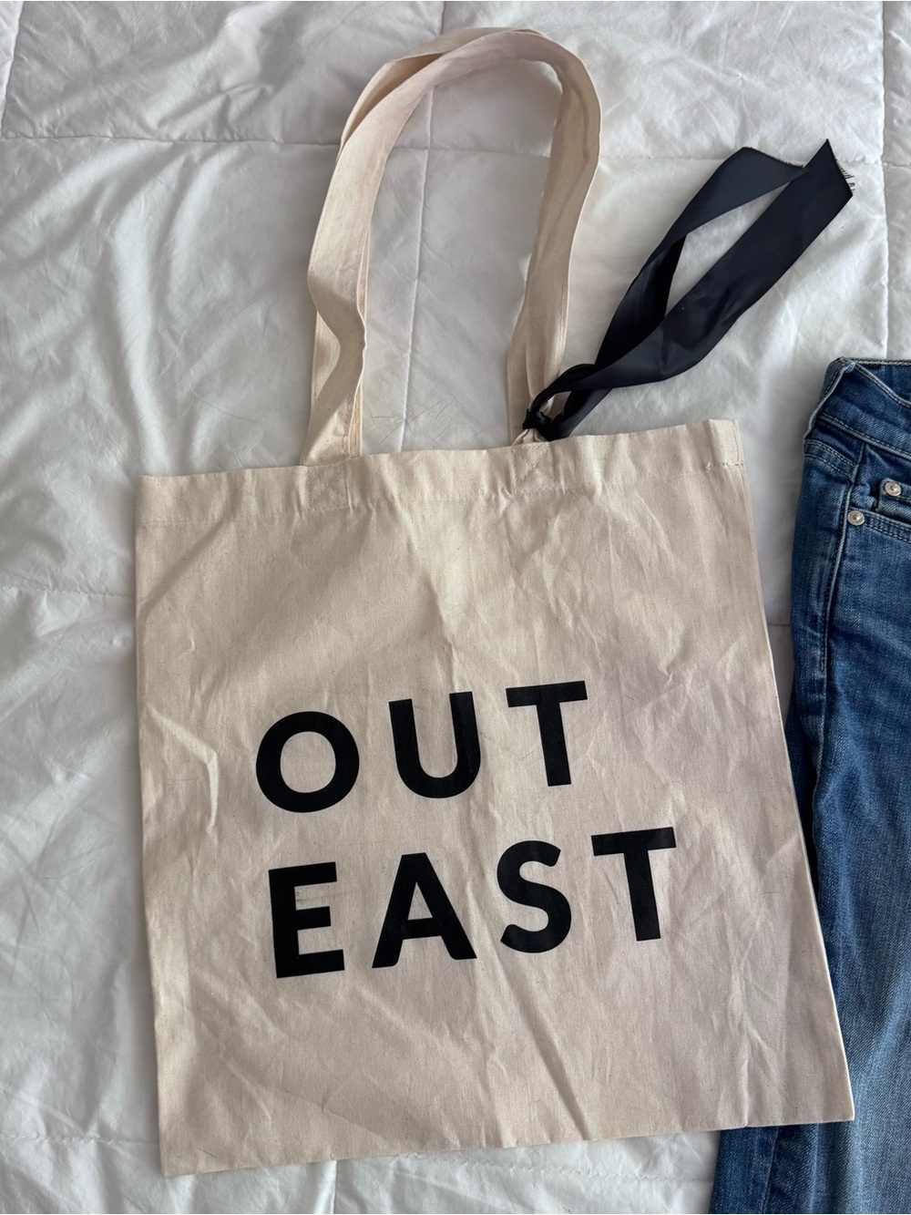 Beige Canvas Tote Bag with Black Lettering